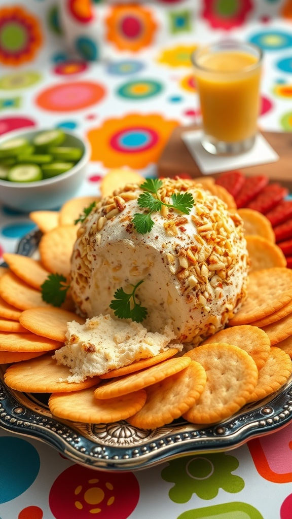 A nostalgic cheese ball appetizer surrounded by crackers on a colorful 70s themed platter.